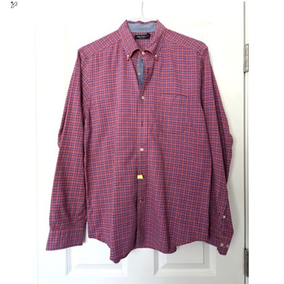 Nautica Red Blue Plaid Button Down Long Sleeve Shirt - Picture 1 of 6
